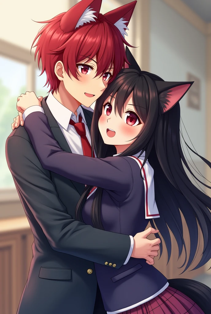 Anime boy with red hair fox ears and school uniform hugging an anime girl with long black hair red eyes cat ears is shocked and surprised