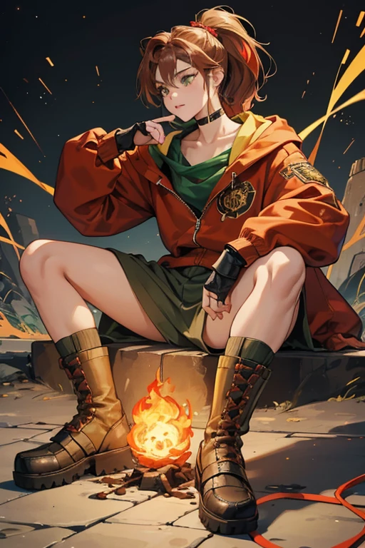 her caramel hair is up in a half ponytail, with the top section brown and the bottom a deep scarlet.
she sports a reddish-orange top with metal clippings of silver on the collar, and baggy dark grey pants with golden engravings resembling that of Wushou lion designs. Her jacket has a hoodie with a Wushou lion design and golden and green rims with tether-like drawstings. sHe has a green scarf draped around her hip with a Pyro Vision and a tiny metal Wushou lion trinket. she has a metal choker of sorts sitting on her collarbone. sHe has black and gold flat shoes, and black fingerless gloves with a red string wrapped around the wrists. SPARKLE; GLITTER