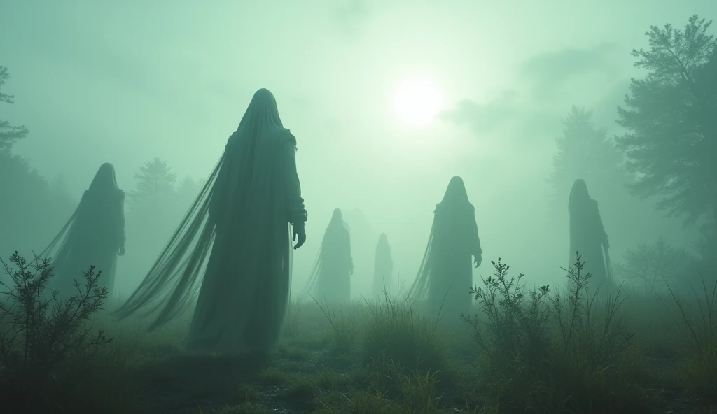 spirits in long robes float in the misty sky in an unkempt clearing. the sun coveredCinematográfico, Cinematografia, futurismo,