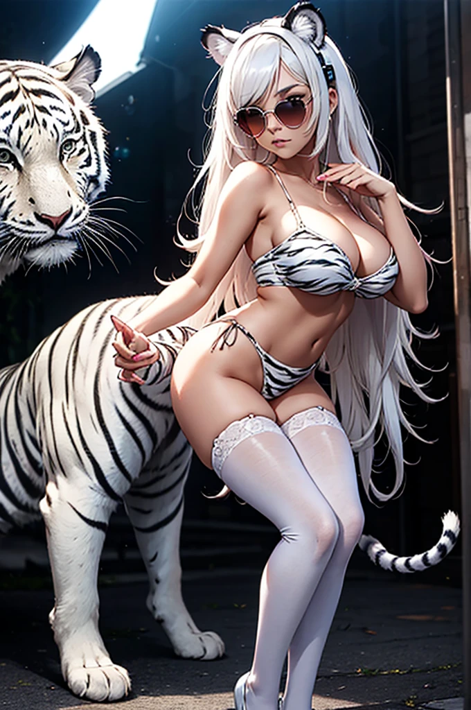 cyber punk, Frank Frazetta style, Perfect composition, One Woman, alone, White Tiger Theme, Please raise your hand, Please raise your knees, stop temporarily, Low angle close up shot, Strong bloom in the background, Shine, Soft pink edge light, length, spiky white hair, White tiger ears, ((Big tits beauty))White tiger tail, White tiger fur stockings, small Shineing orange sunglasses, White tiger stripes, Perfect hands, High Contrast, Enhanced brightness, Strong top-down lighting