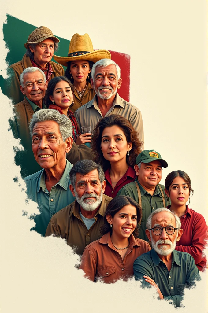 Create an image where the map of the Mexican Republic is located and in it there must be people of different ethnicities: older adults, children, girls, adolescents and adults.