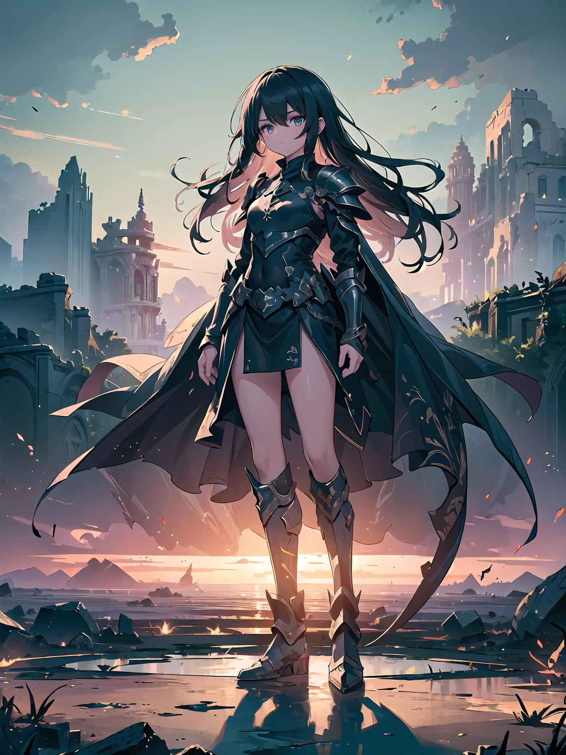 (((masterpiece, best quality, 8k))), female warrior, (full-body), obsidian dragon armor, ethereal glow, long flowing black hair, strands adorned with silver beads, piercing golden eyes, determined expression, standing atop a shattered battlefield, flames and shadows swirling around her, dragons circling in the stormy night sky, ancient ruins in the background, radiating power, (dramatic lighting, dynamic shadows)