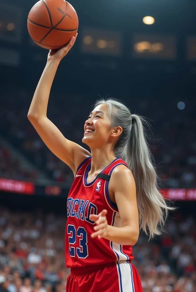 A beautiful sexy youthful looking white Asian women as a 50 years old woman with very long hair completely gray hair in a 90s ponytail as a retired NBA player wearing her old NBA jersey shooting the ball in the basket in a nba stadium she is smiling for the camera