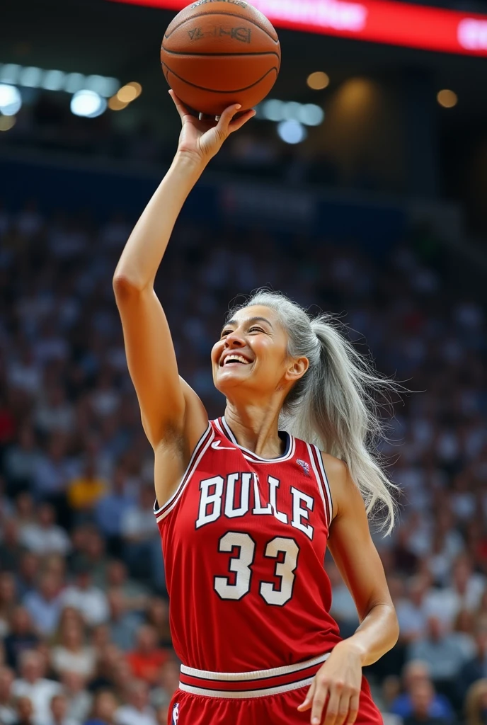 A beautiful sexy youthful looking white Asian women as a 50 years old woman with very long hair completely gray hair in a 90s ponytail as a retired NBA player wearing her old NBA jersey shooting the ball in the basket in a nba stadium she is smiling for the camera