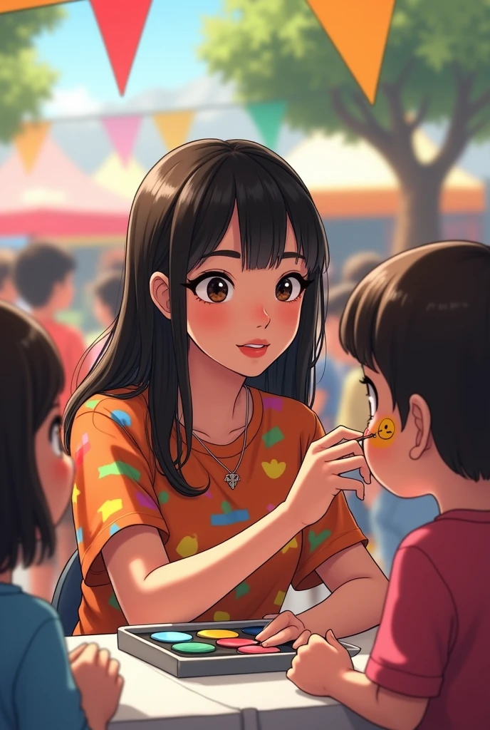 a young woman with long dark hair, with short straight bangs, He has a piercing in his nose. She has a kind smile. She is sitting on a chair wearing a multi-colored t-shirt and has a box of paints and brushes next to her.. Children, excited, They are in line waiting for their turn. The woman is painting a smiley face on the cheek of one of the children sitting in front of her., with his gaze fixed on the brush and the paint. The atmosphere is cheerful and festive with colorful decorations.