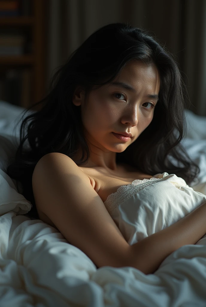 (best quality,4k,8k,highres,masterpiece:1.2),ultra-detailed,(realistic,photorealistic,photo-realistic:1.37), girl, dark hair, lying on bed slender body, nude, privacy, soft lighting, emotional portrait, atmospheric, age 60
