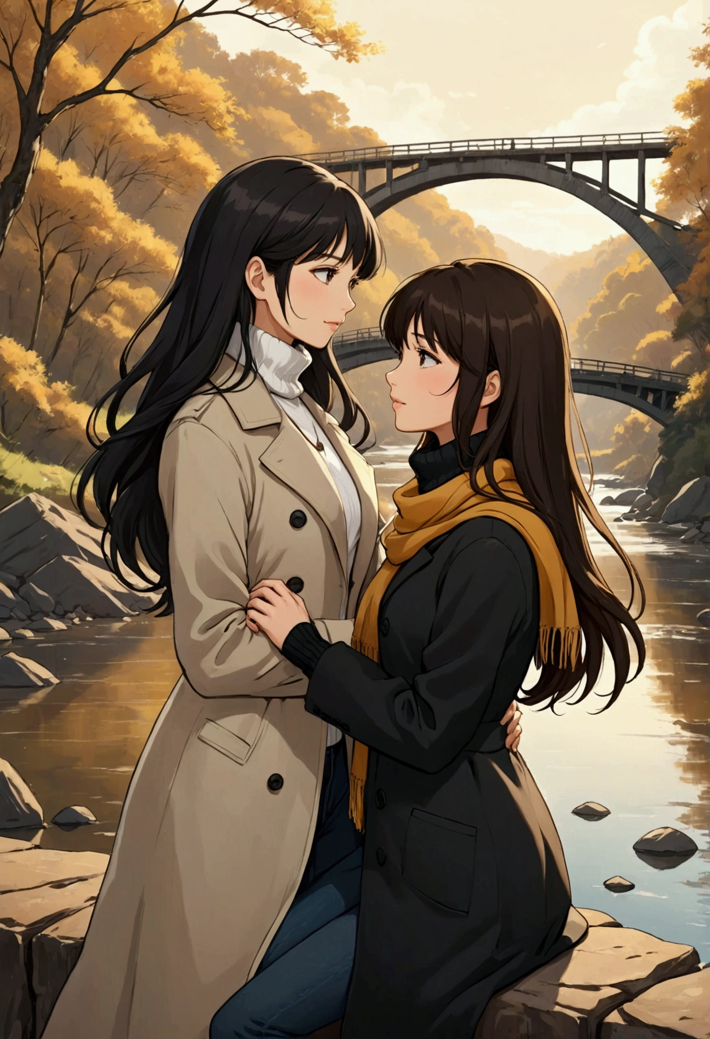 Create an idyllic image of two women in love in anime style, one is a beautiful British woman with semi-short light brown hair who is dressed in a white turtleneck, a black overcoat and black jeans and next to her holding hand is a beautiful Asian woman with long black hair, who is dressed in a black turtleneck, a white overcoat and black jeans, wearing an ochre-colored scarf around her neck. Both are sitting, face to face, looking into each other's eyes with much love, on a rock on the banks of a river that is crossed in the distance by a metal bridge.