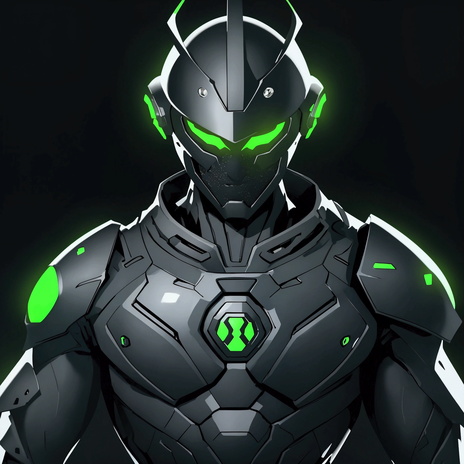 envision a 8k, highres, semi realistic cinematic close up portrait of a faceless slender muscular body man in full black tight tech suit, black full face helmet, X helmet, Alien X, green energy effects, tech attachments, against a dark gray background