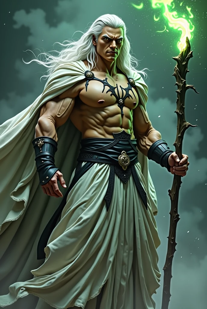 ultra realisitic, super powerful wizard, brawny, powerful and intimidating posture, long grayish white hair, white tunic with black details partially flared and torn open in the middle with muscles on display, black rays emanating from the body and eyes intensely, long staff of with green flame in the top