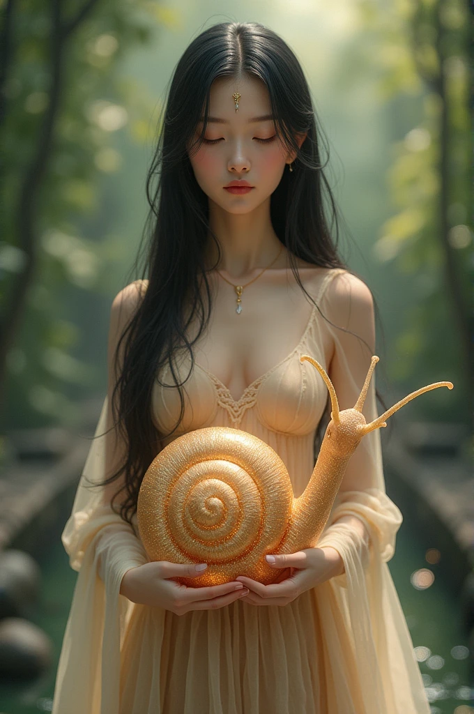 A mystic drawing of a humanoid snail woman. Her upper body it's of a human woman with long straight black hair, delicate asian features and a peaceful expression. Her lower body it's similar to that of a snail with her shell it's of a beautiful light brown color with sparkle nature. She is the one that inspires the Chinese myth of The River Snail Maiden. Illustration. Blurred garden background.