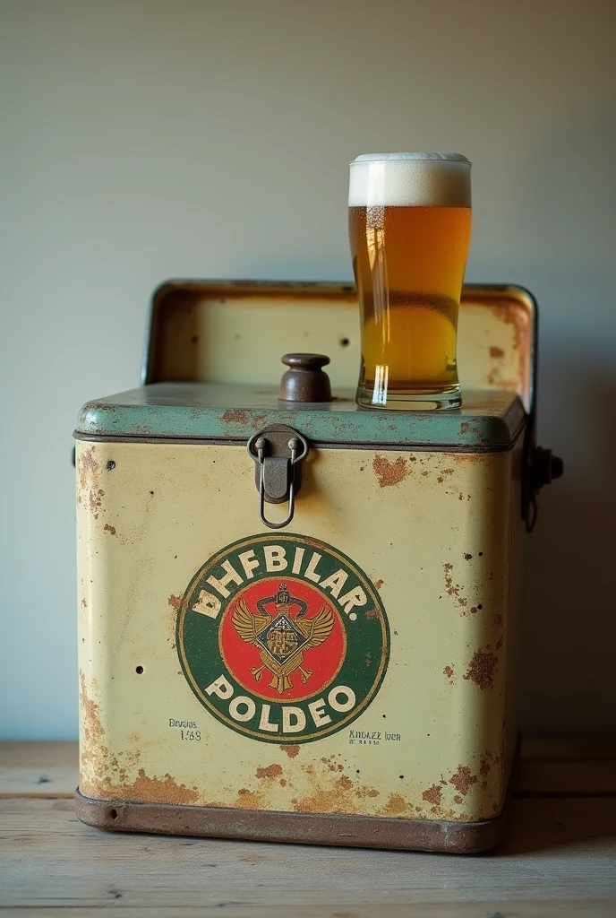 amateur photo taken of vintage Brazilian beer cooler with a glass of beer on top 