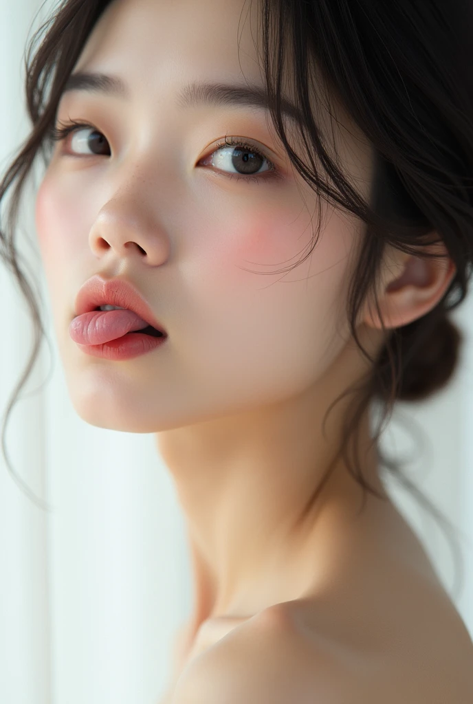 Japanese、Natural Skin、perfection, She has smooth skin and、She has a gentle yet provocative look..tongueを出す、Design a breathtaking female close-up. Lips are soft、Slightly curved., The faint smile、It suggests something deeper, tongueを出している、She tilts her head up, Gives a sophisticated and calm impression.. background should be white, Emphasize her elegance."tongue, tongueを出す, Shortcuts、40s
