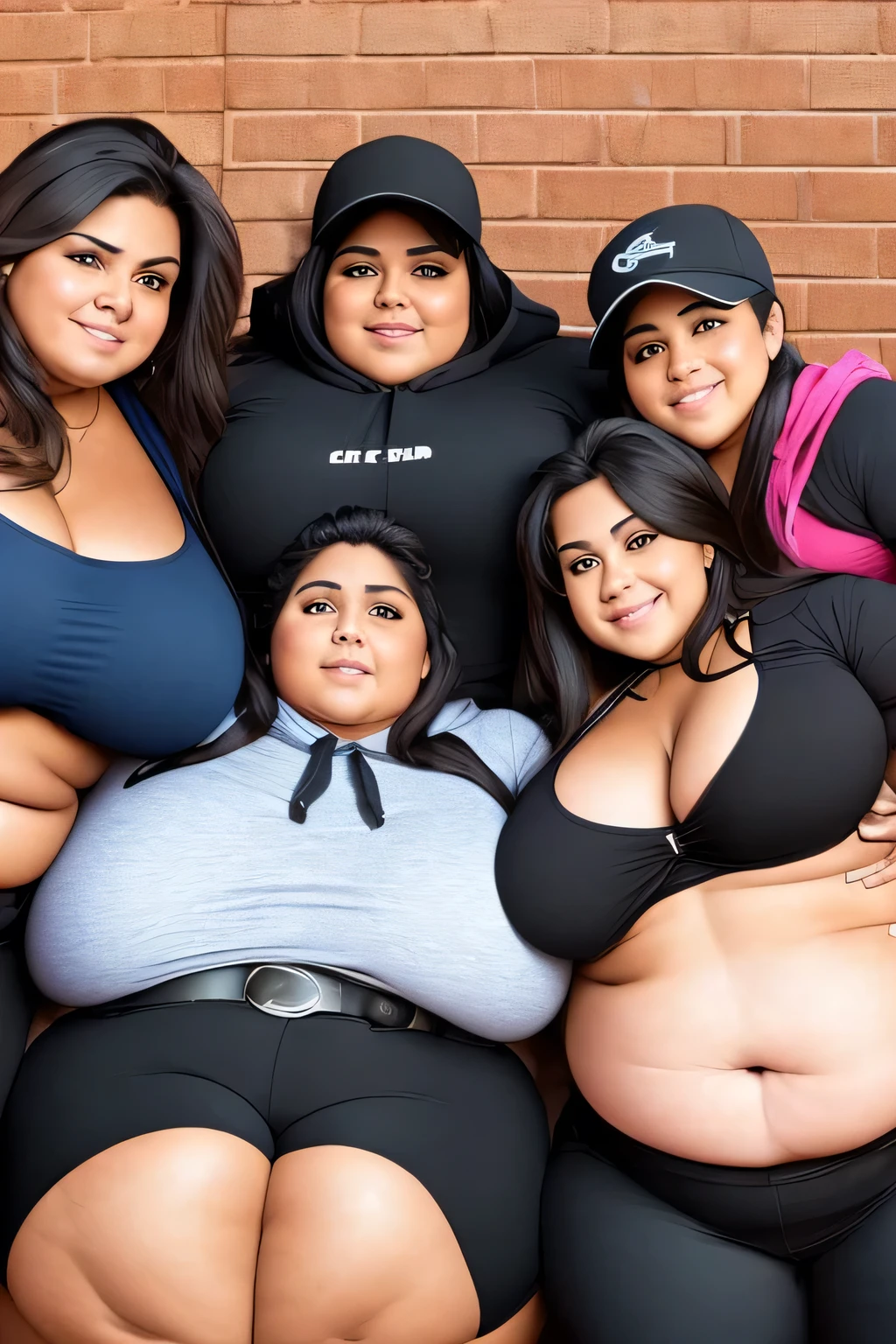 four extremely fat old latino women hugging, huge bust, 300 pounds, black pants, large stomach, lovehandles, smiling, bbw, plus size woman, wearing baseball cap, belt, massive and gigantic belly, wearing hoodie, hand on stomach, lying down