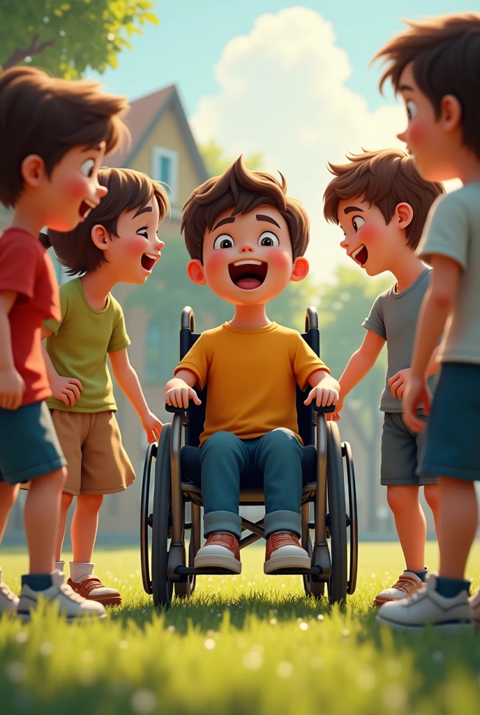 Children laughing at the boy on wheels