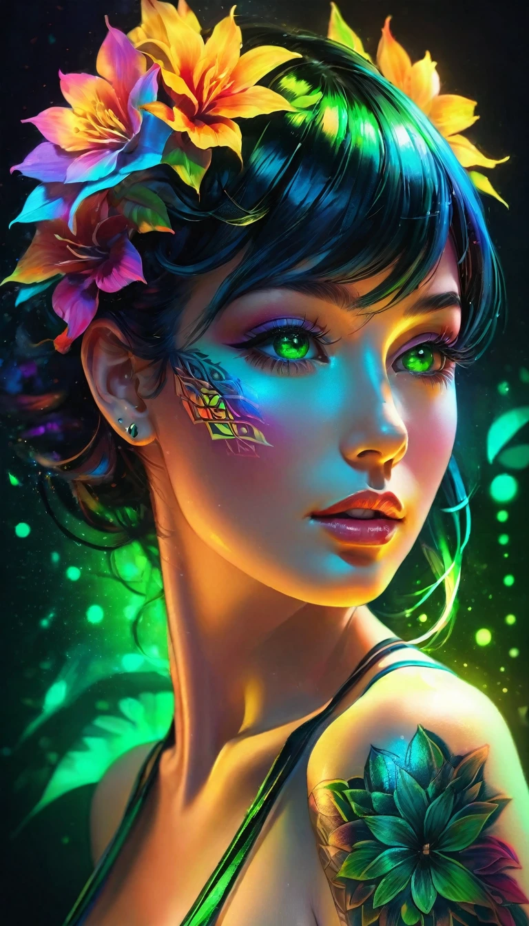A beautiful girl, 2, iridescent tattoo, complex geometry,(((tattoos in shades of green in bright lines and black, on one side of the face and neck))) colorful blur, evening dress, abstract backgrounds ((Background: splash of colorful light like iridescent rainbow and blurred flowers)) from a studio, shadows and highlights, subtle reflections, charming body, black light art, fluorescent and iridescent art, glowing in the dark art, dark temptation, the beauty of tattoos , neon lights, enchanting fantasy。(best quality, 4k, 8k, high resolution, masterpiece: 1.2), ultra-detailed, (realistic, photorealistic, photorealistic: 1.37)。