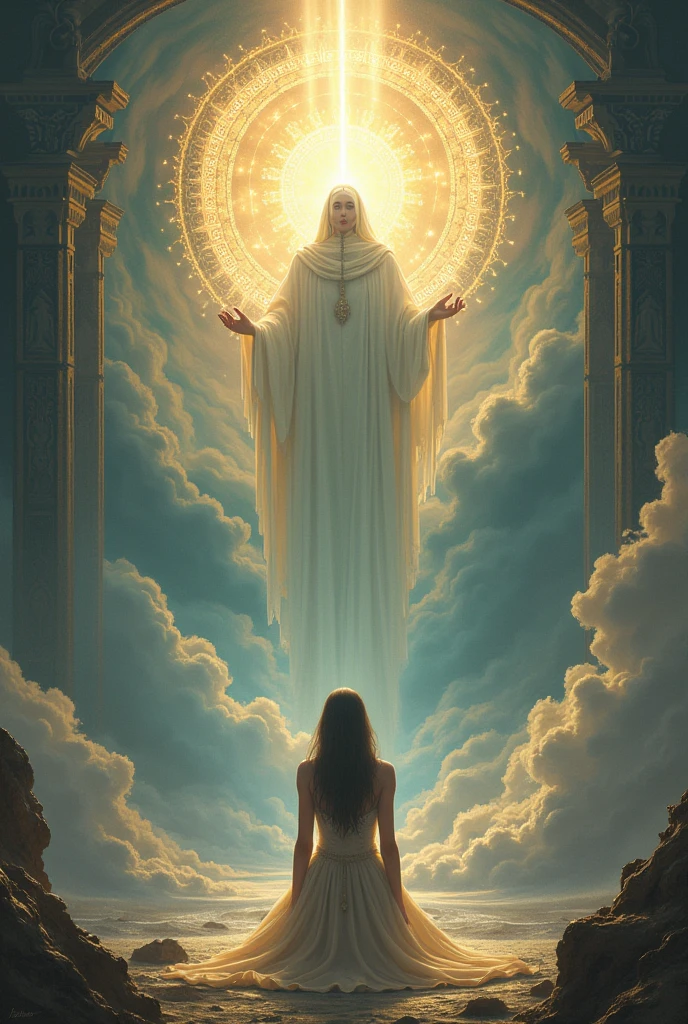 Mystical woman kneeling in deep worship before God sitting on his throne described according to the book of Revelation 