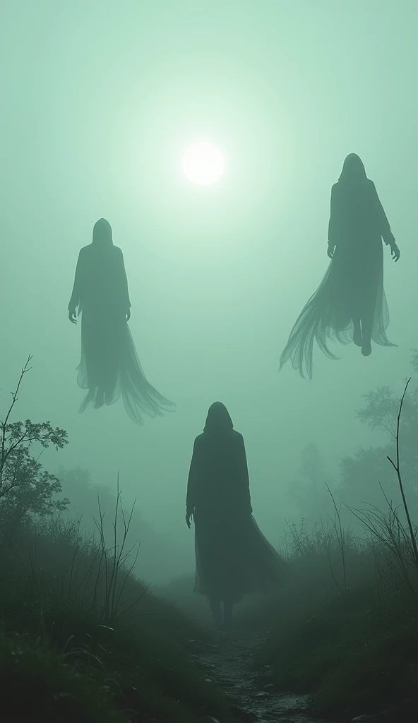 spirits in long robes float in the misty sky in an unkempt clearing. the sun coveredCinematográfico, Cinematografia, futurismo, 