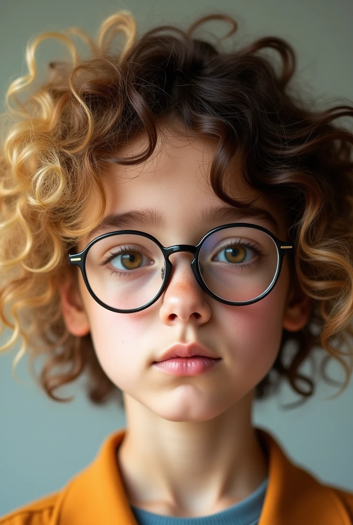A age girl with curly brown hair with curly blonde hair at the back of her hair, with round rimless glasses and almond shaped brown eyes