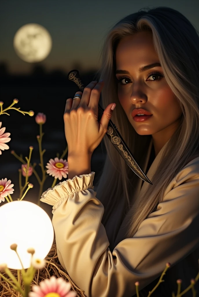 Masterpiece, Superb Girl, Night Moon Full Moon, 1 Female, Mature Woman, Sister, Royal Sister, Cold Face, Expressionless, Silver-White Long-Haired Woman, Light Pink Lips, Calm, Intellectual, Three-banded Gray Eyes, Assassin Short Knife, Flower Ball Background, Hand Details, Finger Details, Facial Details, Eye Details,