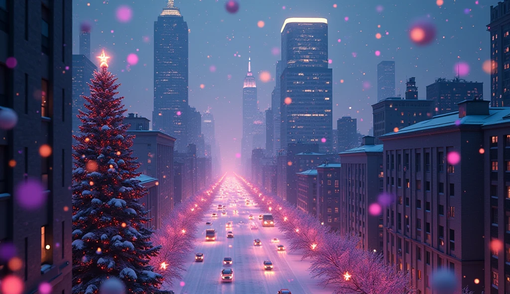 a dreamy colorful city of new york at christmas, falling snowflakes, vibrant purple teal christmas decorations, glittering lights, soft bokeh atmosphere, 8k, detailed, photorealistic, concept art, dramatic lighting, cinematic, matte painting, digital art, bird view