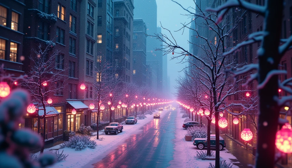 a dreamy colorful city of new york at christmas, falling snowflakes, vibrant purple teal christmas decorations, glittering lights, soft bokeh atmosphere, 8k, detailed, photorealistic, concept art, dramatic lighting, cinematic, matte painting, digital art, bird view
