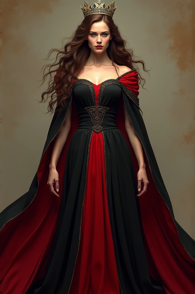 Woman in black and red dress long brown hair on a brown serious face and with crown