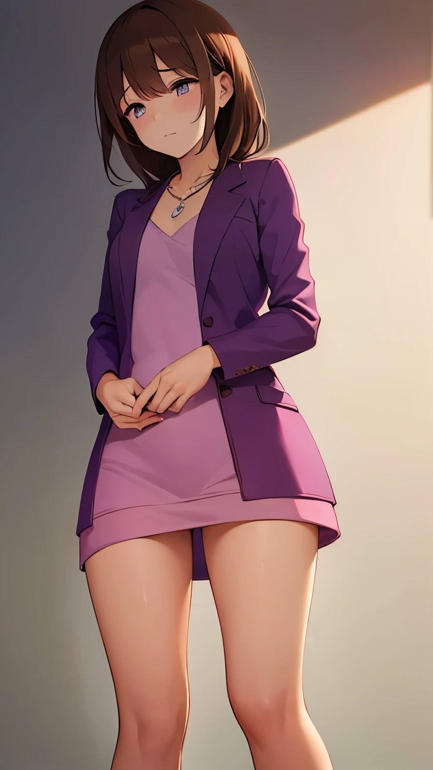 Girl with brown hair and wearing a necklace and an extremely short and sexy tight pink dress with a purple jacket with casual ballet shoes and looking down (no panties)