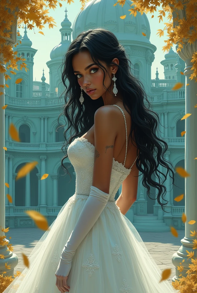 Caramel skin princess, with long black hair and light blue eyes. Her back has black veins popping out on her back, she wears a wedding dress and white silk gloves. She has a scared expression. In the background is a turquoise palace and golden leaves fall from the sky.. Realistic illustration like fairy tales by the Green brothers