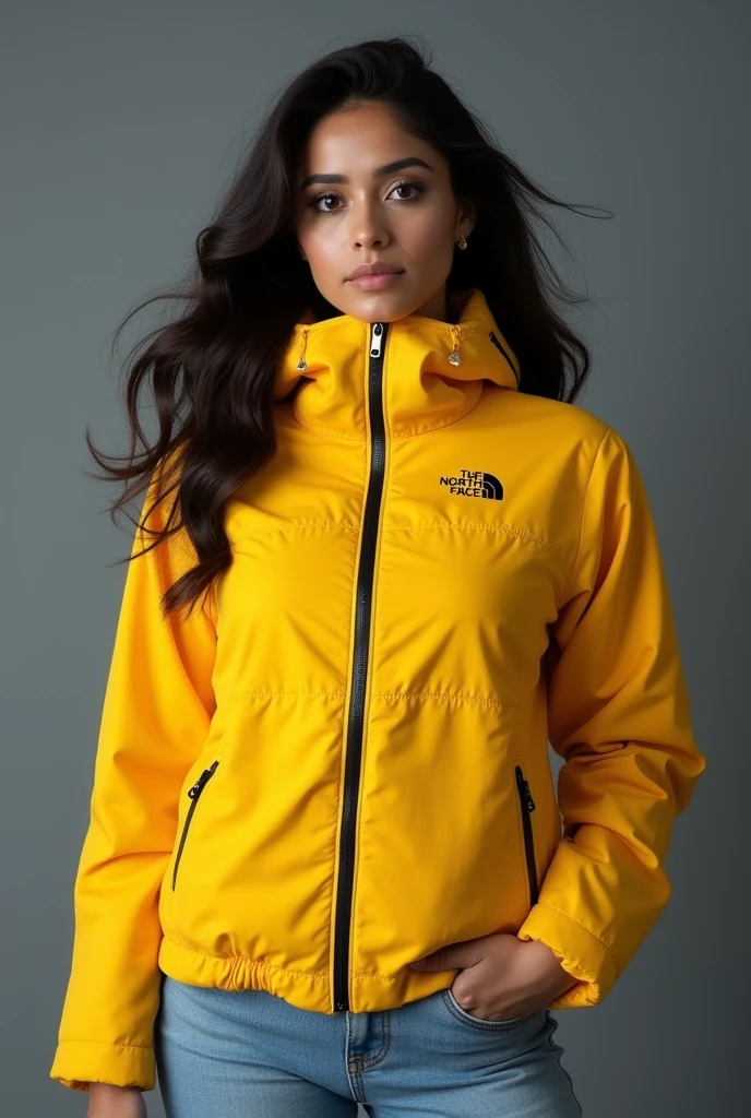 beautiful latin woman,  standing straight facing forward,with a yellow closed North Face cold weather jacket, denim jeans pants, on a greyish background. Medium camera shot.