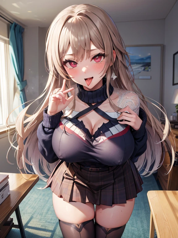 ((Highest quality)), ((masterpiece)), (detailed), One person,Age 25,(Black knit sweater),(mini skirt),Shoulder Bare,Big Breasts,blush,Underbust,(Her cleavage is visible),(Excited expression),(Seduce),night,indoor,Dim lighting,(In a dimly lit room),(In a messy room),Browsing Caution,sexy,Dirty room,Sweat,(Black knee-high socks),(Moving my tongue up and down)