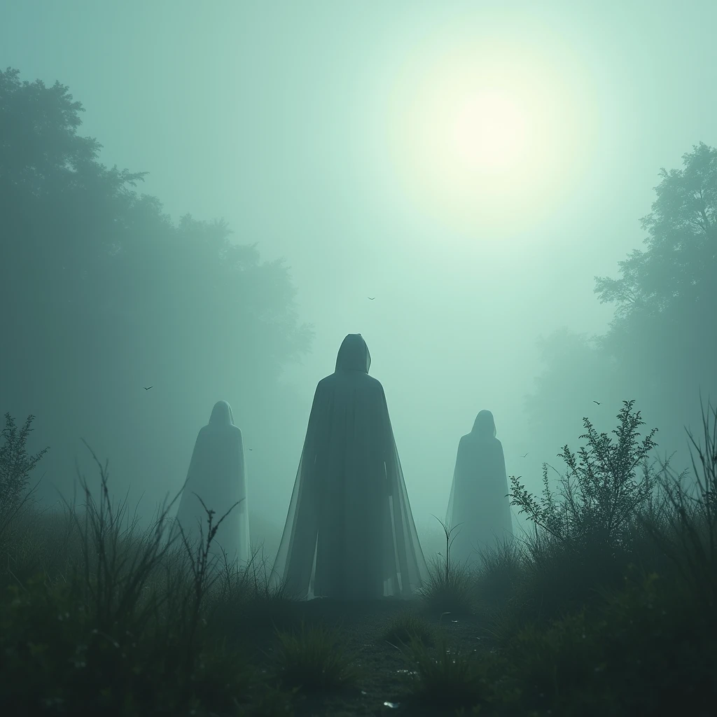 spirits in long robes float in the misty sky in an unkempt clearing. the sun coveredCinematográfico, Cinematografia, futurismo,