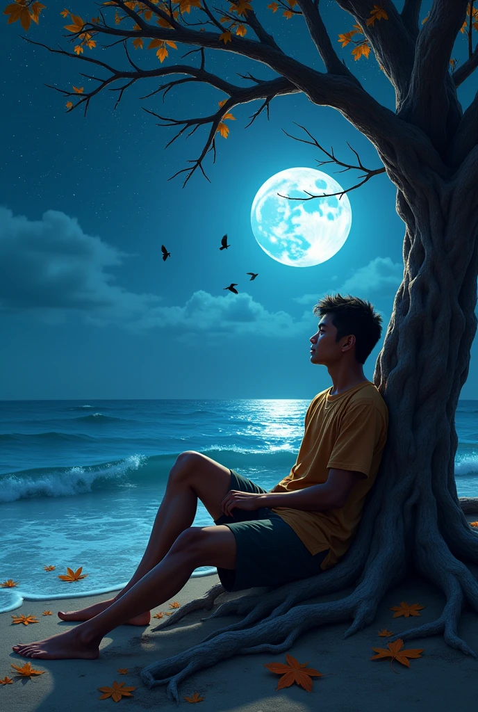 A man wearing a brown santri shirt but not wearing a peci sits leaning against a tree with dry branches and fallen leaves near the ocean. It&#39;s a bright moonlit night with stars and flying butung birds.