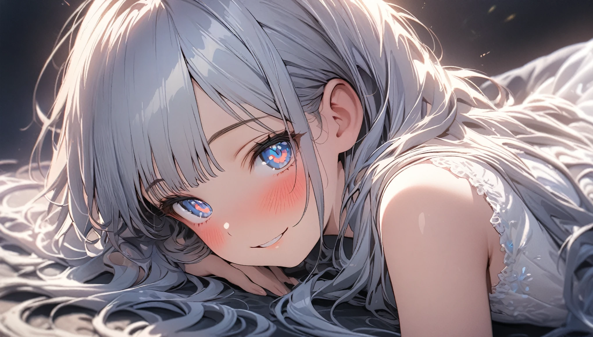 masterpiece, best quality, extremely detailed, (illustration, official art: 1.1), 1 girl, cowboy shot,lying on belly, from side, look at viewer,(((light blue long hair))), pale blue hair, long hair ((blush)), cute face, big eyes, masterpiece , best quality, (((a very delicate and beautiful girl))))), amazing, beautiful detailed eyes, blunt bangs (((little delicate girl))), tareme (true beautiful: 1.2), sense of depth, dynamic angle, ,, affectionate smile, (true beautiful: 1.2), (tiny 1girl model: 1.2),) (flat chest), 1girl, (masterpiece, best quality: 1.2), 8k, official art, absurdres, (very dark blue background: 1.4), HDR, facelight, ultra realistic, highres, photography, film grain, chromatic aberration, sharp focus, dynamic lighting, cinematic lighting, professional shadow, dark shadow, highest detailed, extreme detailed, ultra detailed, detailed detail, real skin, delicate facial features, detailed face and eyes, sharp pupils,