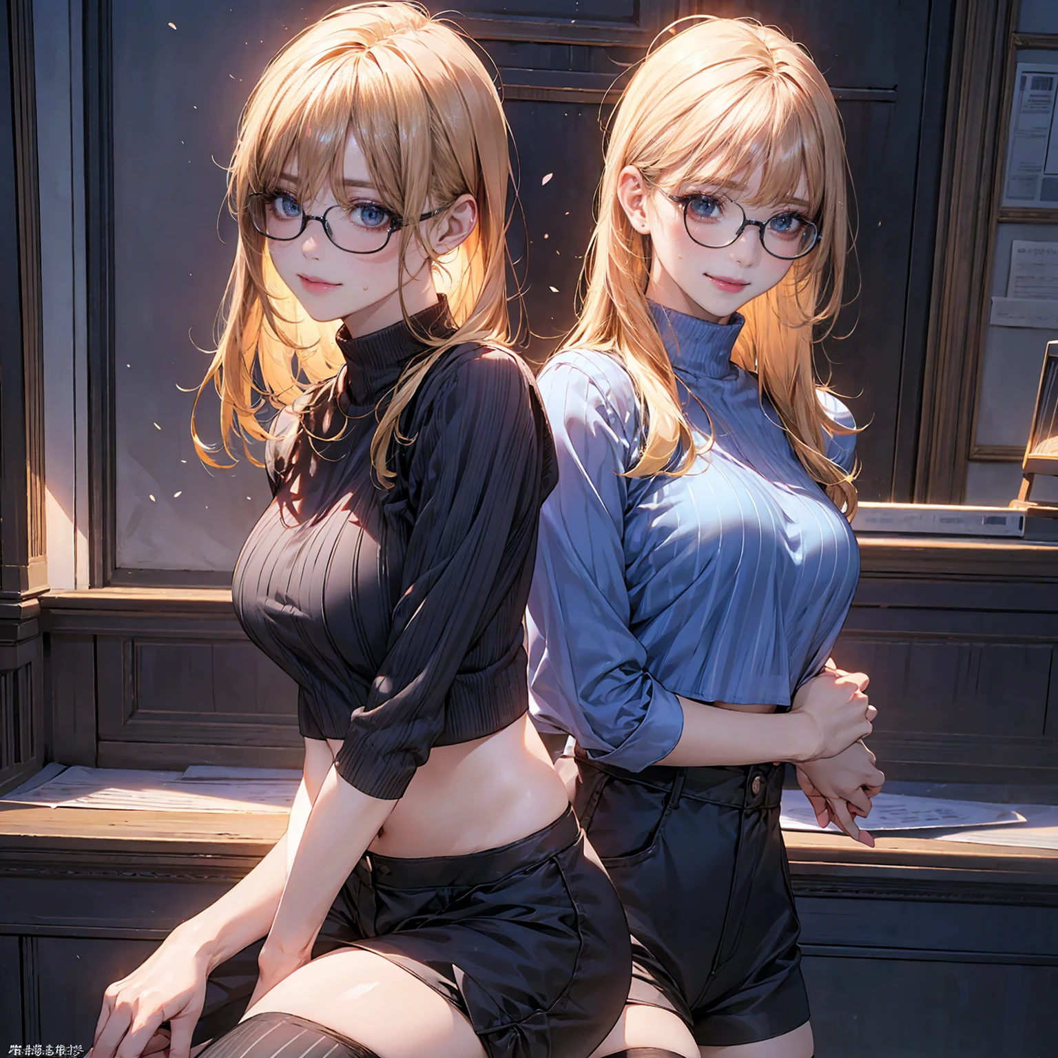 (masterpiece:1.2, Highest quality), (Realistic, photoRealistic:1.4), Beautiful illustrations, (Natural Side Lighting, Cinema Lighting), Looking at the audience, Upper Body, (Front view), 1 girl, Perfect Face, Cute face, Glowing Skin, Baby Face, Long eyelashes, (Large Breasts), (Wide Hips),Beautiful Hair, Beautiful Face, Beautiful and beautiful eyes, Beautiful body, Beautiful breasts, Beautiful thighs, Beautiful legs, Beautiful fingers,(Beautiful views),(Cute Smile:1.2, Superior),woman with a Striped shirt, Stockings and high heels open legs, And turn to the side, One girl, alone, Glasses, belly button, 丸いGlasses, shirt, Knee-high socks, Striped, Knee socks, abdomen, Striped shirt, Long Hair, View your viewers, Blonde, 黒縁Glasses, indoor, Crop top, short Shorts, Long sleeve, Shorts, black Shorts, black Knee socks,, Put your arms behind your back