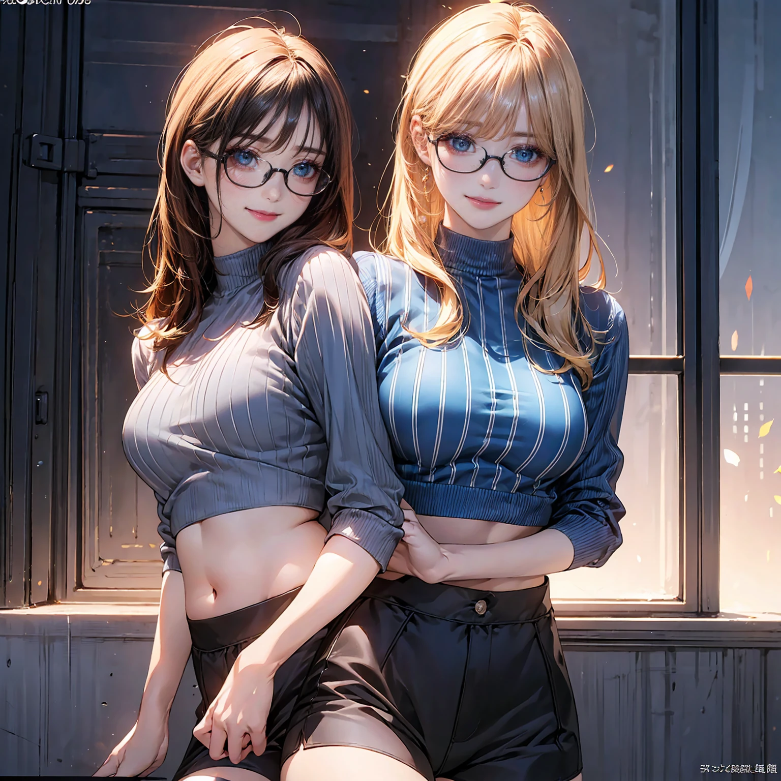 (masterpiece:1.2, Highest quality), (Realistic, photoRealistic:1.4), Beautiful illustrations, (Natural Side Lighting, Cinema Lighting), Looking at the audience, Upper Body, (Front view), 1 girl, Perfect Face, Cute face, Glowing Skin, Baby Face, Long eyelashes, (Large Breasts), (Wide Hips),Beautiful Hair, Beautiful Face, Beautiful and beautiful eyes, Beautiful body, Beautiful breasts, Beautiful thighs, Beautiful legs, Beautiful fingers,(Beautiful views),(Cute Smile:1.2, Superior),woman with a Striped shirt, Stockings and high heels open legs, And turn to the side, One girl, alone, Glasses, belly button, 丸いGlasses, shirt, Knee-high socks, Striped, Knee socks, abdomen, Striped shirt, Long Hair, View your viewers, Blonde, 黒縁Glasses, indoor, Crop top, short Shorts, Long sleeve, Shorts, black Shorts, black Knee socks,, Put your arms behind your back