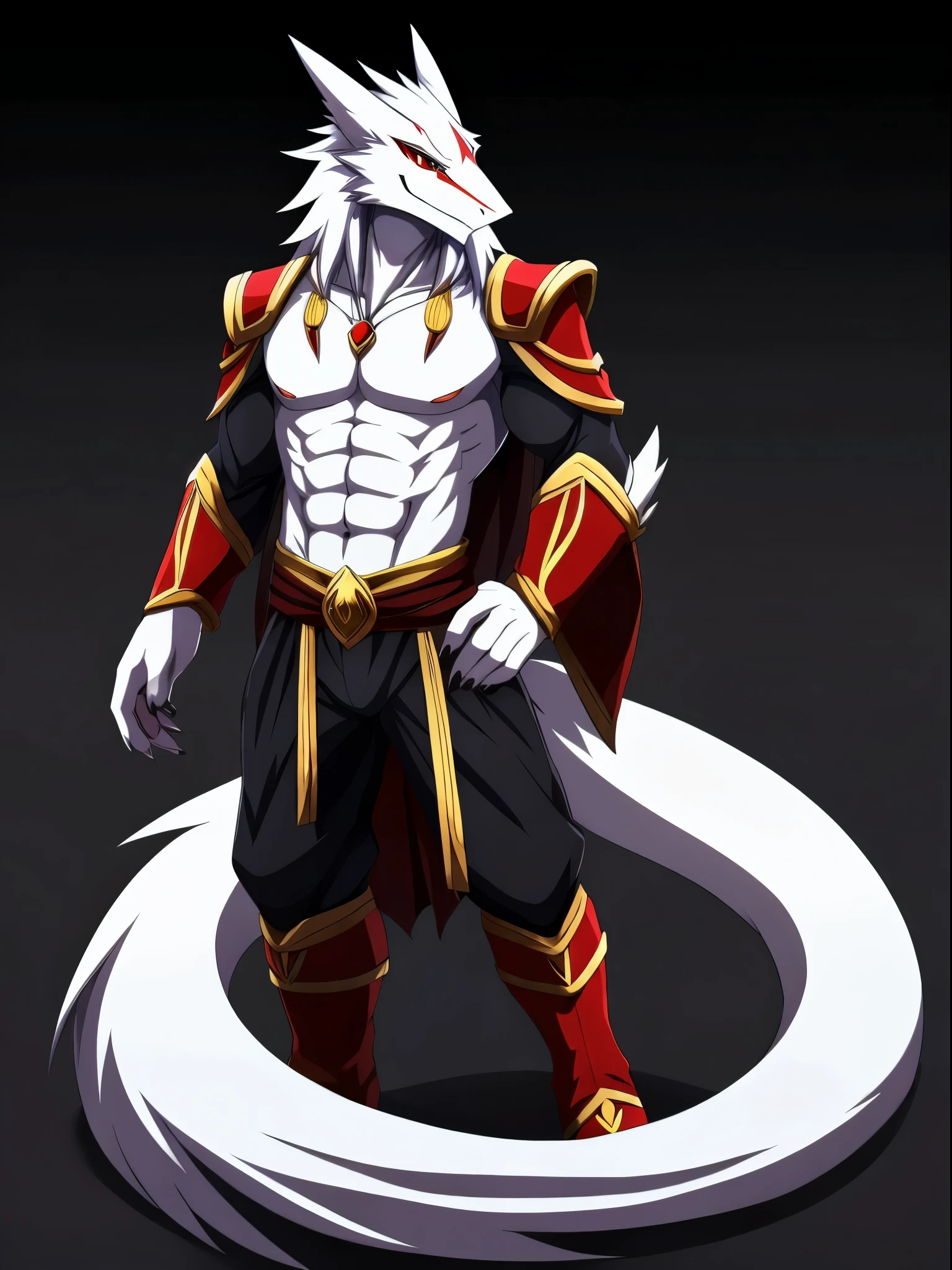 1 Sergal, (best quality, upper half, anime style:1.2), Male, (pure white fur, red eye, slit eye, black marking around eyes)  dark background, muscular, noble clothing, muscular, perfect tail, black claws, perfect tail, long tail, anime style, 8k, masterpiece, best quality, highres, high details, 16k, long white hair, 