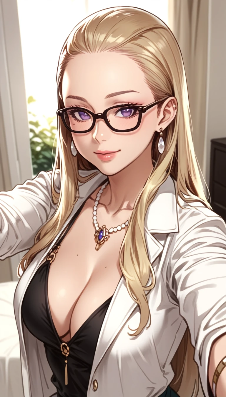Izayoi Seishin artstyle, (score_9, score_8_up, score_7_up), (best quality, masterpiece),perfect anatomy,(aesthetic,very aesthetic),official style, (ultra-high resolution), Masterpiece, raw, beautiful art, professional artist, 8k, art style by sciamano240, very detailed face, very detailed hair, perfectly drawn body, beautiful face, A 2 blonde woman, ((pechos grandes)), ((hiperrealismo)) ,. blonde hair with light brown roots. cabello rubio, Hair with brown roots, cabello extra largo, cabello muy largo, really long hair, Beautiful, Front view, selfie, photo taken with iPhone, elegant black shirt with escote, escotada, selfie in the garden, high quality, selfie iPhone, cleavage