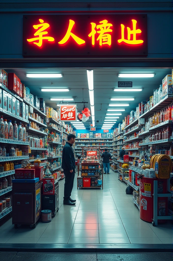 Store with display shelves that sells products and spare parts for vehicles, that people see the premises and the products from outside