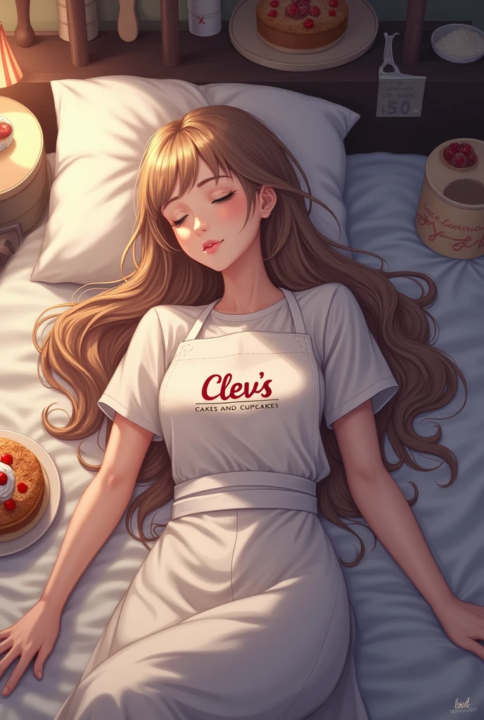 a lady baker with long hair wearing apron with a logo " Clev's Cakes and Cupcakes " sleeping lying in a bed , there is a cake in her background also baking materials