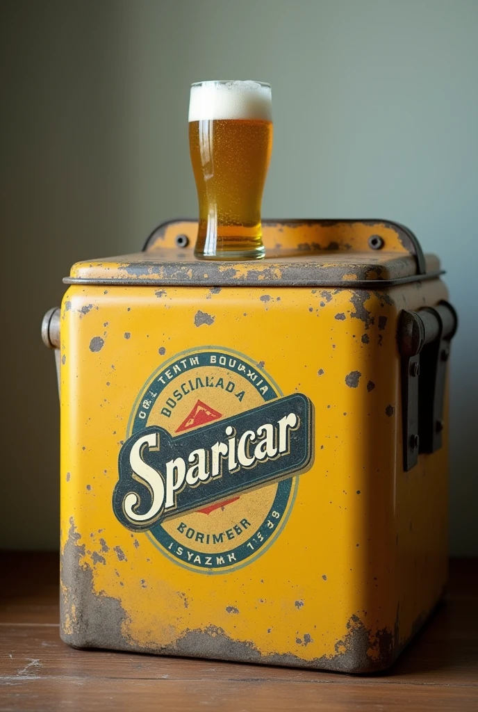 amateur photo taken of vintage Brazilian beer cooler with a glass of beer on top 
