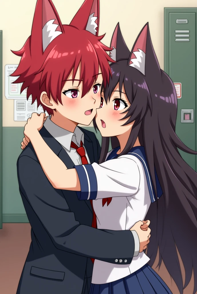 Anime boy with red hair, fox ears and school uniform hugging an anime girl with long black hair, red eyes, cat ears is surprised and has no reaction