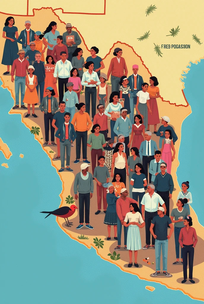 Create an image of the map of the Mexican Republic and in it there must be people of different ethnicities: older adults, children, girls, adolescents and adults.