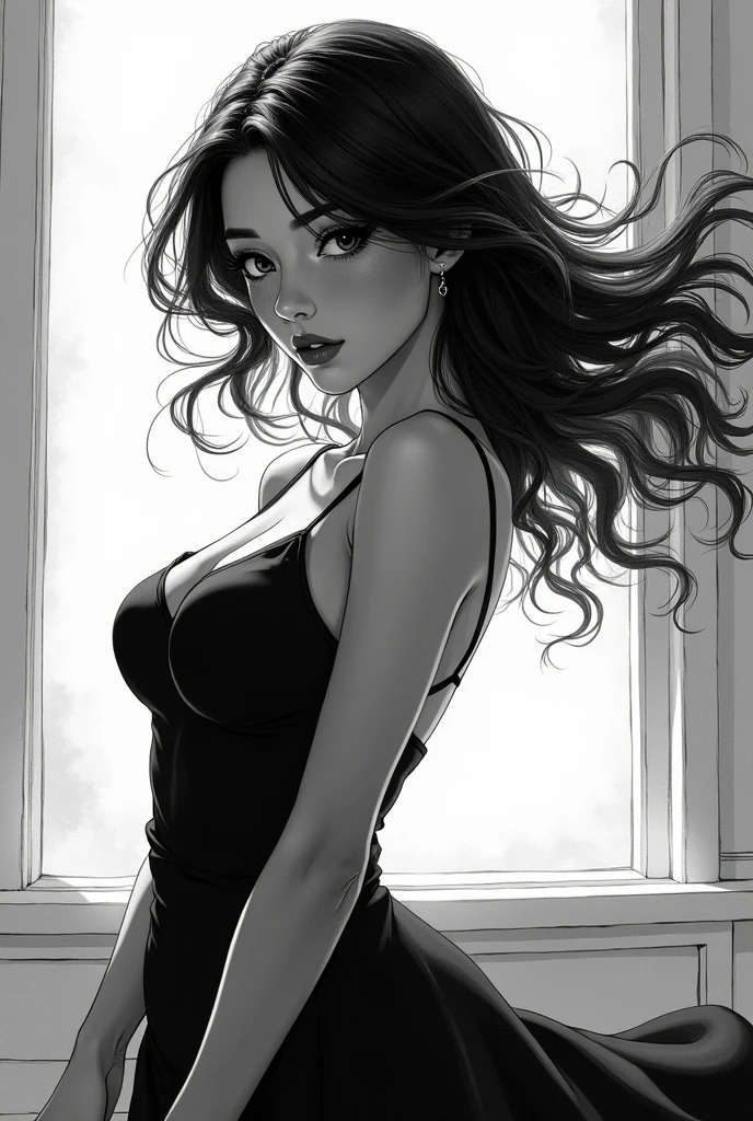 Monochrome manga art style, alternative woman, alluring elegance, eyes sparkling with affection, flirtatious smile, eager expression conveying warmth, dynamic and expressive pose, intricately detailed line work capturing emotions, plush background enhancing romantic atmosphere, contrasting shadows shaping her silhouette, pose suggesting movement and grace, high contrast black and white palette, soft gradients illuminating features, black ink strokes capturing hair delicately blowing, film grain texture emphasizing nostalgic feel, evoking a moody ambiance, dramatic contrasts highlighting allure and depth, intimate moments encapsulated in an expressive gaze, playful gesture inviting viewer interaction, full-body portrayal infused with character and story, ethereal feel enhancing the romantic essence, classic manga visual narrative reminiscent of beloved series, composition balanced with emphasis on character, and emotional expression, framed in traditional manga panel layout, creating a cinematic style aesthetic, enhancing the engagement and storytelling charm synonymous with the genre.