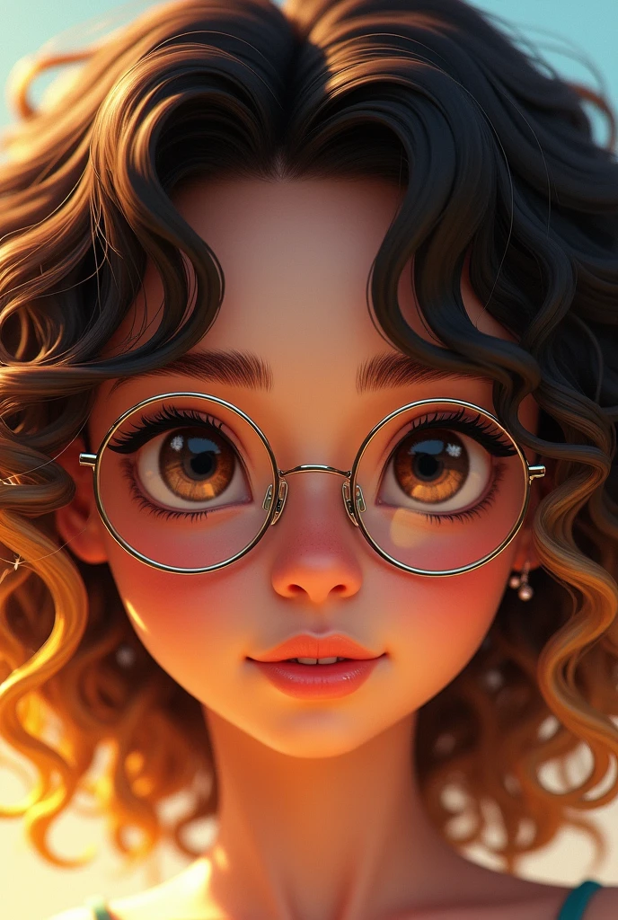 A brunette age girl with curly brown hair with curly blonde hair at the back of her hair, with round rimless glasses and almond shaped brown eyes