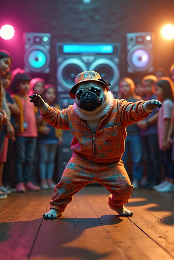 hyper-realistic photo of a Pug wearing Life Djs clothing and a bucket hat breakdancing in front of a crowd of kids in a circle with a stereo in the corner