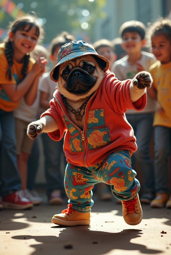 hyper-realistic photo of a Pug wearing Life Djs clothing and a bucket hat breakdancing in front of a crowd of kids in a circle with a stereo in the corner