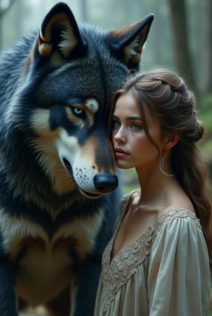lobo (Wild, but with the meek woman. Blue-black fur, grey and white. Blue eyes with greenish gray) and woman ( age approximately 16 years, light brown hair tending to blonde, olive green eyes, Tez blanca)