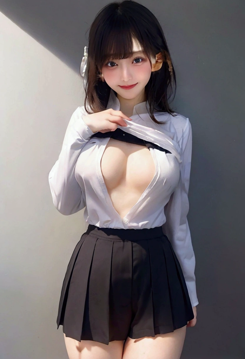 high school student、White underwearを着た女子高生、whiteYshirt、YOpen the shirt、YOpen your shirt、Place your hand on your chest、Touching pants、Pants down、Push up your pants、No underwear、Shyness、smile、White underwear、Sensuality、glossy、