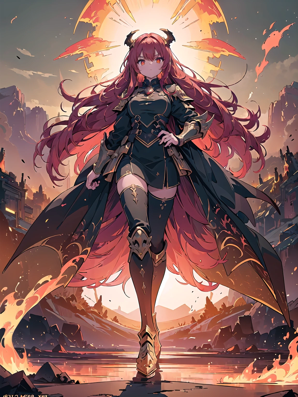 (((masterpiece, best quality, 8k))), fierce female leader, (full-body), golden dragon ceremonial armor, radiant glow, long flowing crimson hair, strands caught in the wind, fiery orange eyes, a look of absolute authority, leading an army through a volcanic wasteland, lava flows around her, dragons soaring through ash-filled skies, (intense lighting, dramatic backlight)