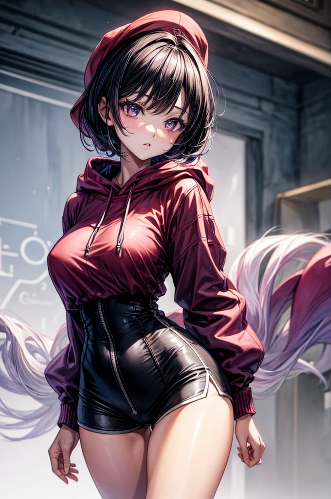 ((Sketch)), ((Watercolor)), ((best quality)), ((masterpiece)), (detailed), 4k image, anime style, beautiful young girl, tanned white skin, oval shaped face, cherry pink lips, big round velvet colored eyes, C-cup breasts, sharp and arrogant facial features, slender body yet curvy type, full oversized hoodie reaching thighs(one color), waist band shorts, Sleek waist length dark violet purple-black hair, small narrow waist, small but full curvy hips, tall height(175cm)